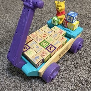 Vintage Disney Winnie the Pooh Wooden Push Wagon Activity Block Cart WORKS
